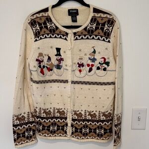 Designers Originals Studio Joy Vintage Cream Snowman Cardigan Sweater - Size M